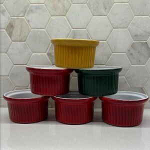 Emile Henry Dark Red Green Ribbed Ceramic Ramekin Custard Souffle 40-08 - France